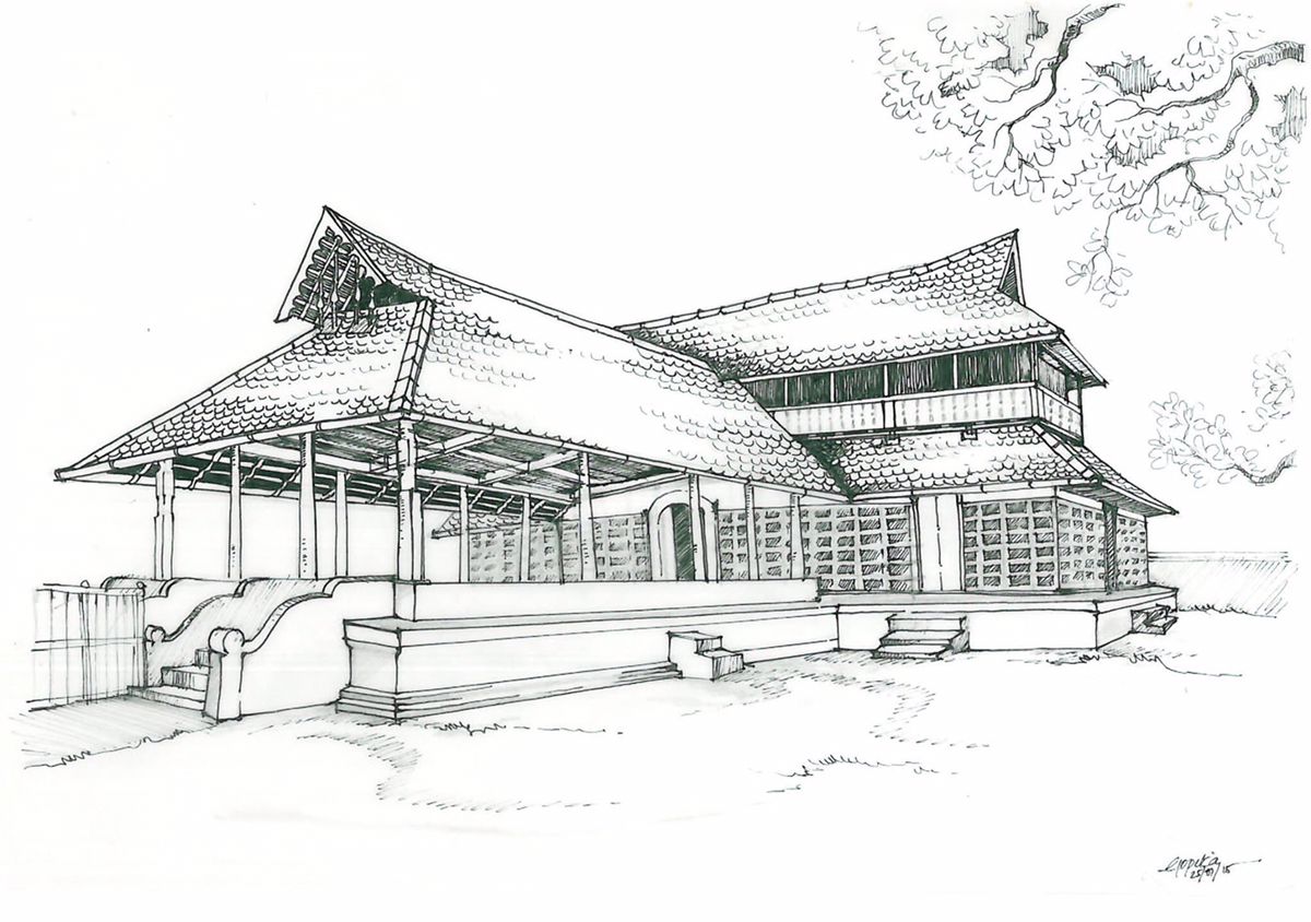 Drawing of a traditional Kerala tharavadu house
